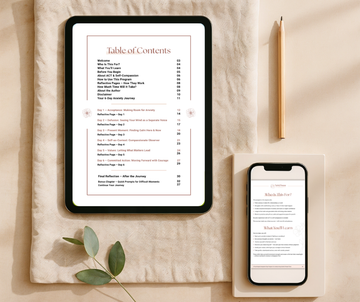 What's Inside overview for the 6-day program 'Calm & Courage – Anxiety Relief' by Talk2Tessa. Includes daily AI-guided prompt flows, checklists, affirmations, and reflective pages designed by a psychologist, blending ACT and self-compassion in a pdf workbook.