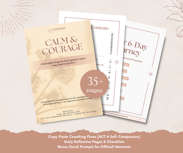 What's Inside overview for the 6-day program 'Calm & Courage – Anxiety Relief' by Talk2Tessa. Includes daily AI-guided prompt flows, checklists, affirmations, and reflective pages designed by a psychologist, blending ACT and self-compassion in a pdf workbook.