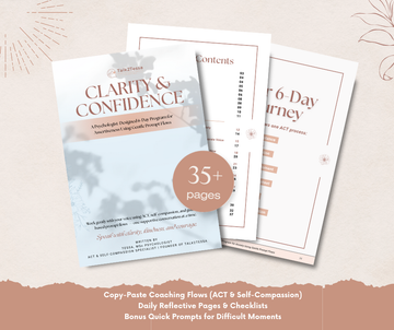 What's Inside overview for the 6-day program 'Clarity Confidence – Assertiveness' by Talk2Tessa. Includes daily AI-guided prompt flows, checklists, affirmations, and reflective pages designed by a psychologist, blending ACT and self-compassion in a pdf workbook.