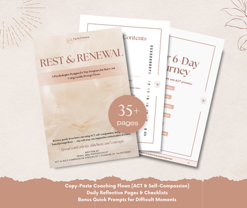 What's Inside overview for the 6-day program 'Rest Renewal– Burn-out Relief' by Talk2Tessa. Includes daily AI-guided prompt flows, checklists, affirmations, and reflective pages designed by a psychologist, blending ACT and self-compassion in a pdf workbook.