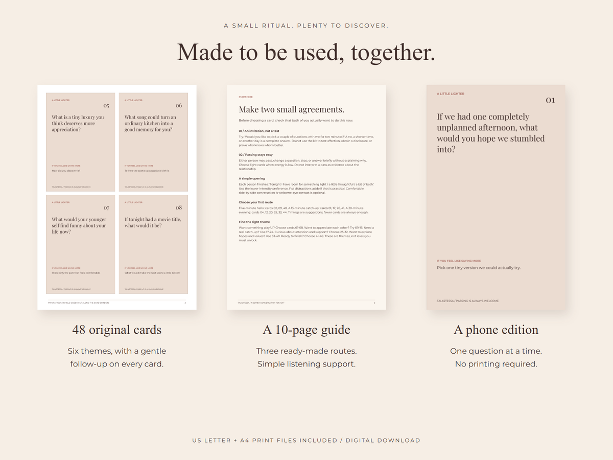 Actual conversation cards, Start Here guide, and phone PDF in the digital kit
