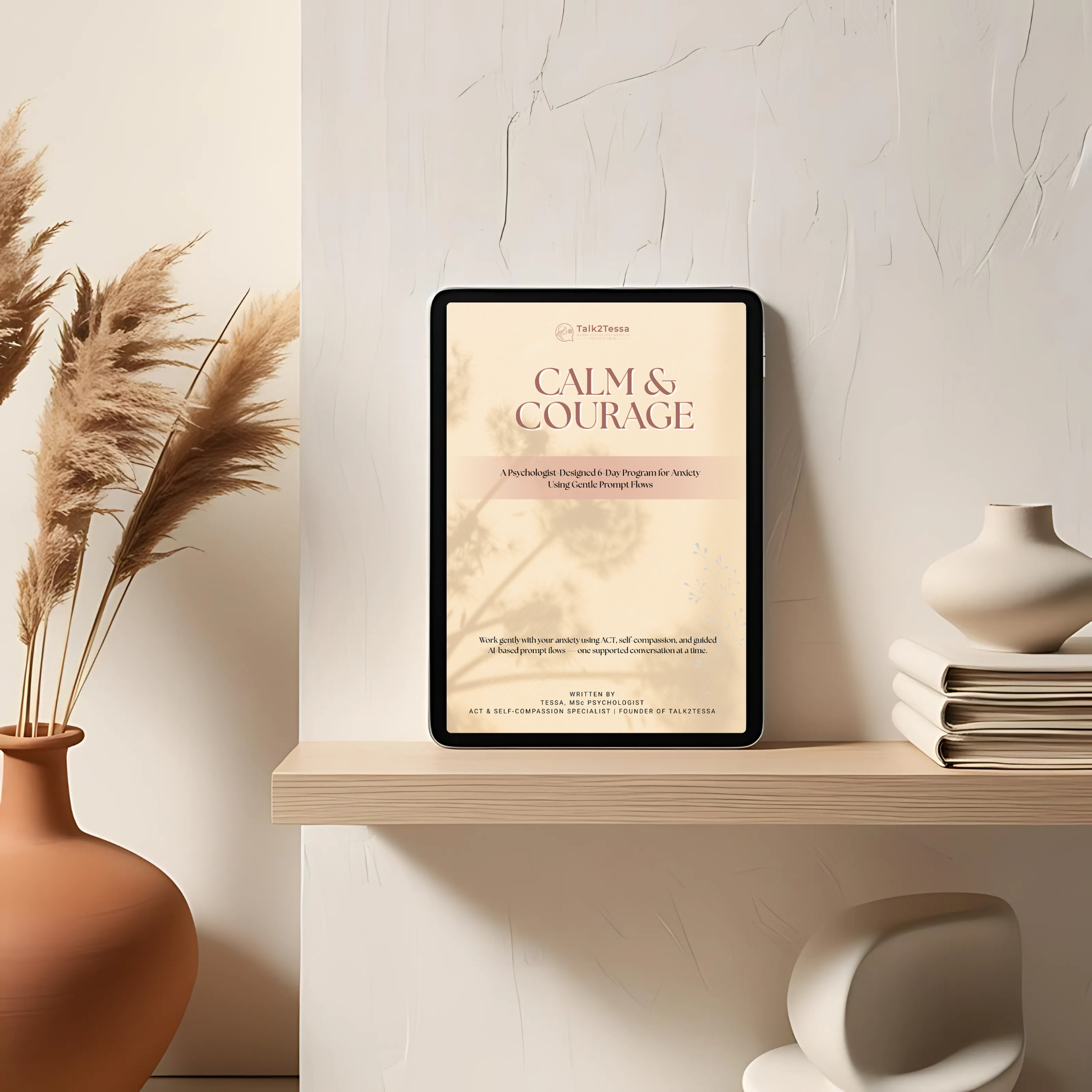 Cover image for the 6-Day Anxiety Relief Program 'Calm & Courage' by Tessa, MSc, psychologist, focused on ACT and self-compassion to reduce anxiety and build emotional strength in a personal growth workbook design.