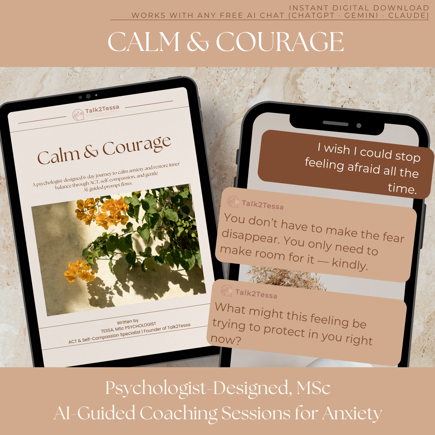 Example of an psychologist-guided prompts from Calm & Courage by Talk2Tessa, demonstrating how ACT and self-compassion can support anxiety management.