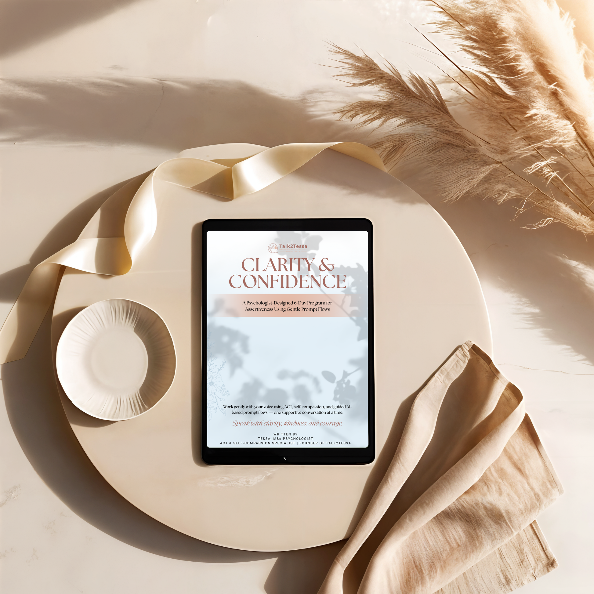 Cover image for the 6-Day Assertiveness Program 'Clarity & Confidence' by Tessa, MSc, psychologist, focused on ACT and self-compassion to build assertiveness and emotional clarity in a personal growth workbook design.