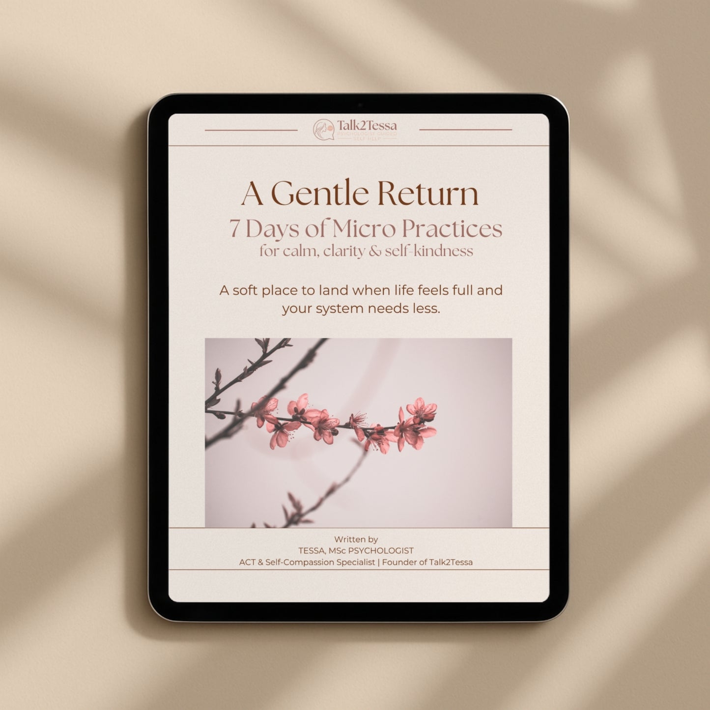 A Gentle Return digital self-help page for gentle reflection, self-compassion, and returning to yourself with Talk2Tessa.