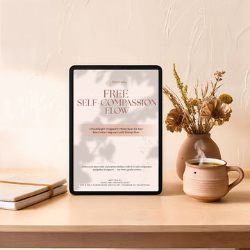 Cover image for the Free Self-Compassion Flow by Tessa, MSc, psychologist, focused on ACT and self-compassion to nurture inner kindness and emotional well-being in a personal growth workbook design.