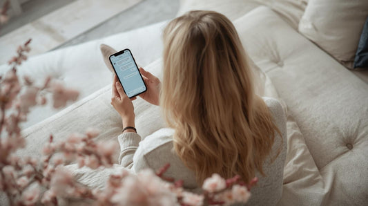 Calm woman reflecting with an AI chat on her screen, symbolizing gentle, psychologist-designed AI coaching based on ACT and self-compassion for personal growth.