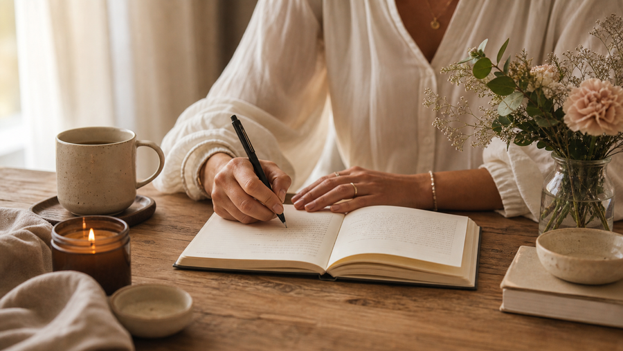 Hands writing in a journal for ACT journal prompts article by Talk2Tessa