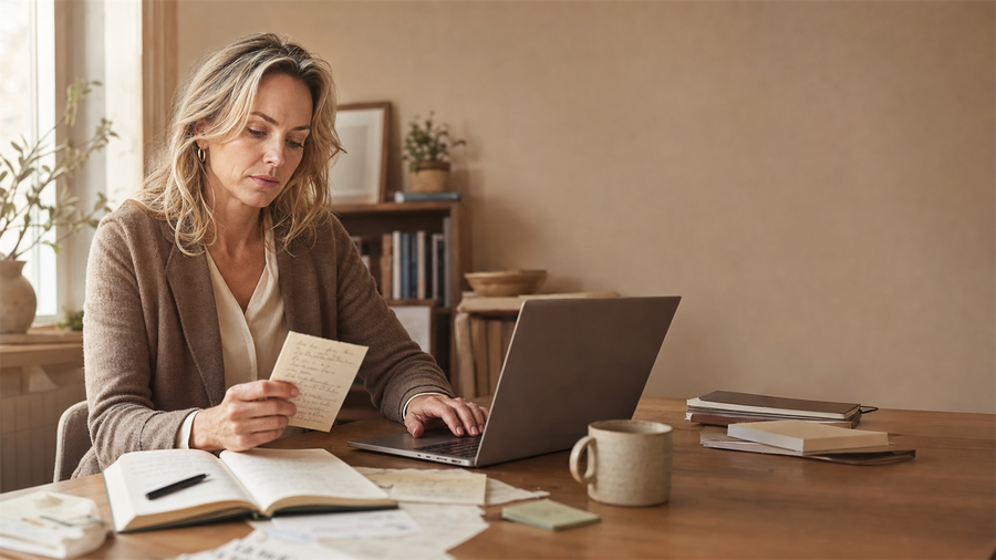 A capable woman with ADHD reviewing notes at a calm desk while carrying hidden mental effort.
