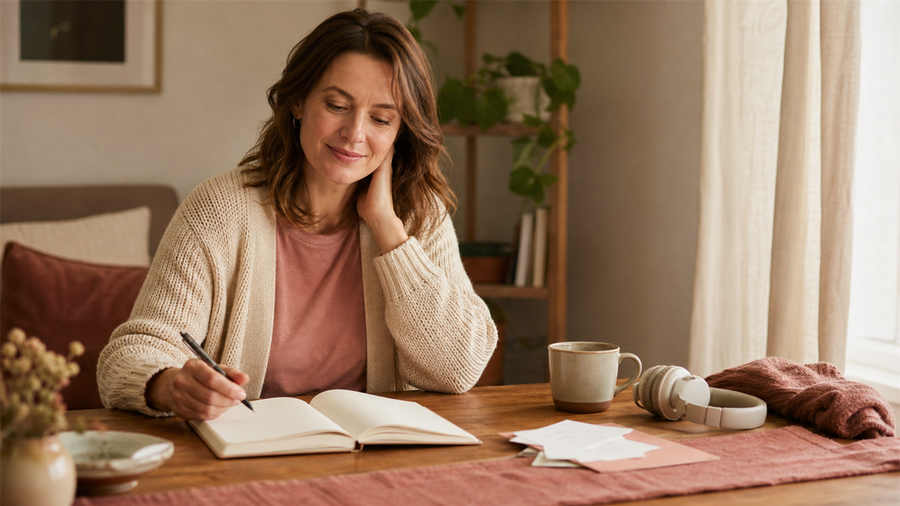 A woman writes in an open planner at a warm wooden table beside headphones, notes, and a ceramic mug.
