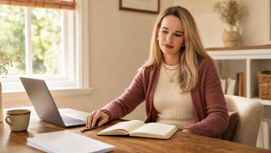Tessa, an MSc Psychologist with ADHD, pausing at a warm desk while beginning a task.