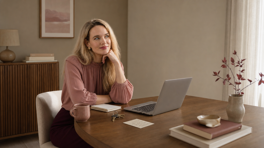 Woman with ADHD pausing at a warm wooden desk beside a laptop, notebook, keys, and handwritten reminder card.