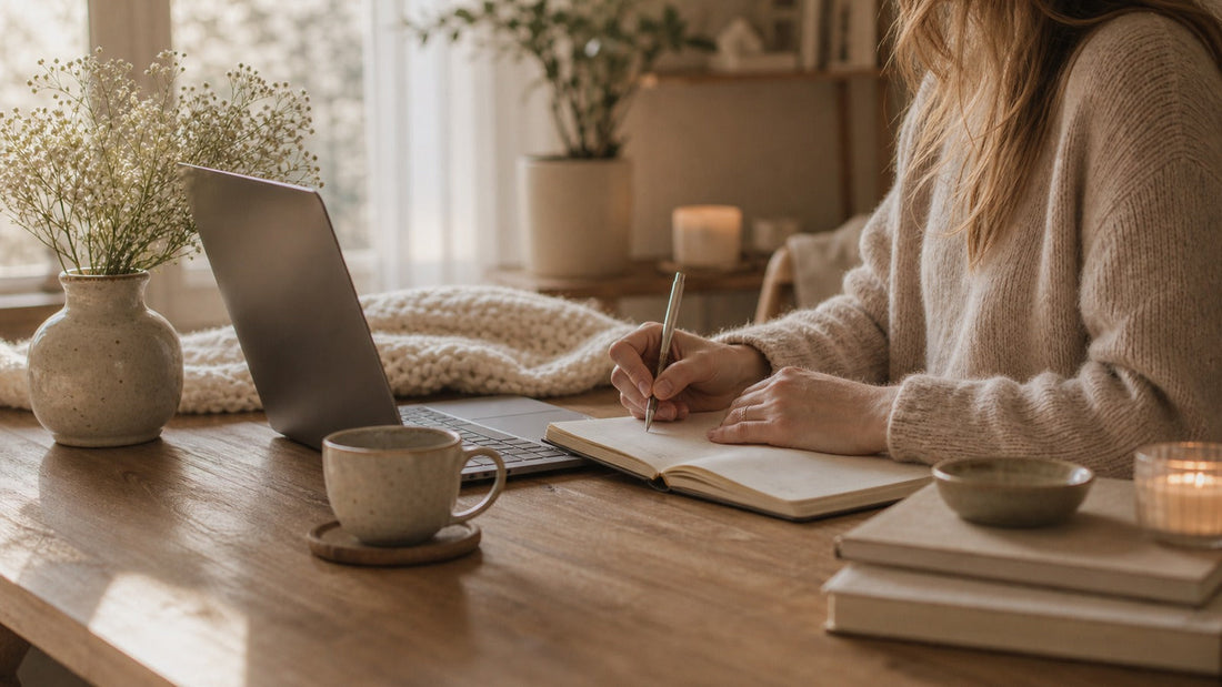 Quiet journaling at home, representing AI-guided journaling for mental exhaustion.
