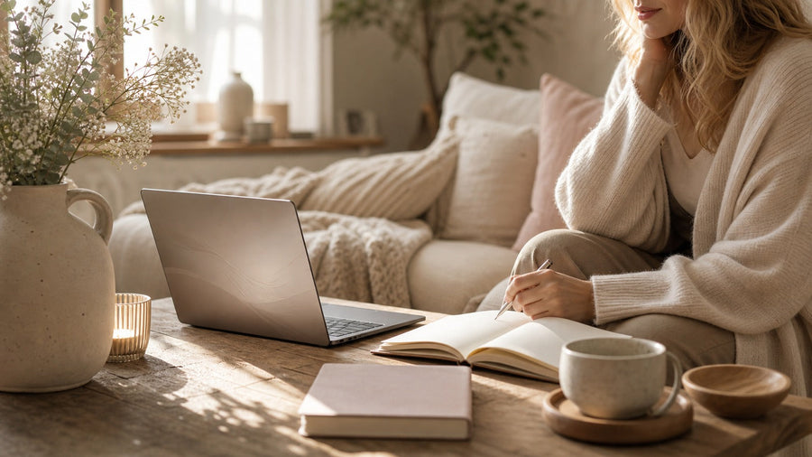 Laptop and open journal in soft morning light, representing AI-guided reflection for overthinking.