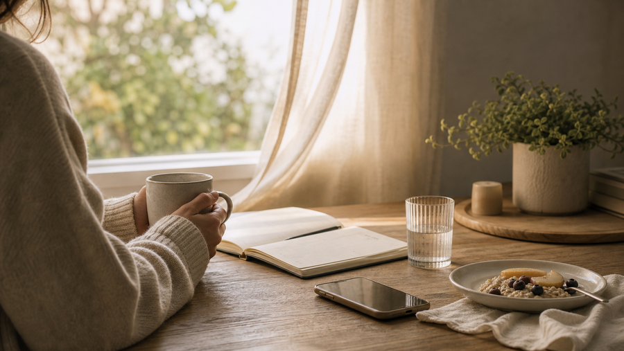 Morning kitchen table with mug, phone face down, journal, glass of water, and soft light for a blog about feeling stuck in alert mode.