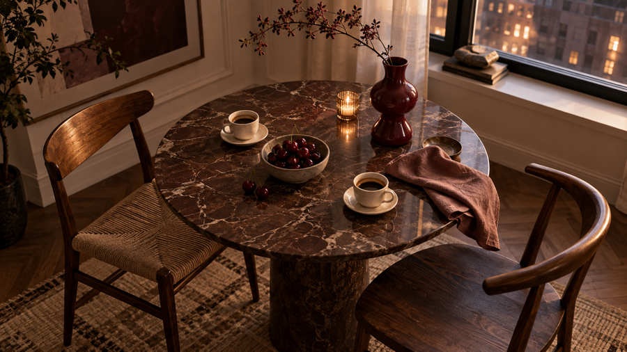 Two coffees, cherries, and rose linen on a table set for an evening at home