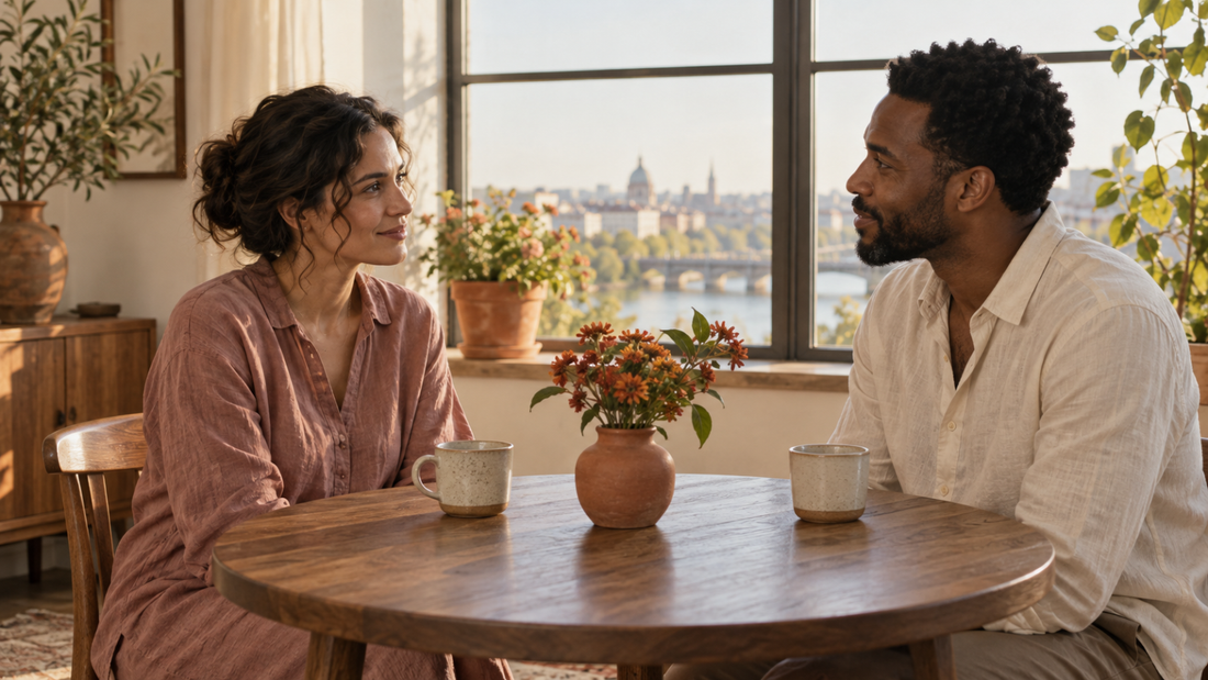 Two adults talking over coffee at a sunlit table