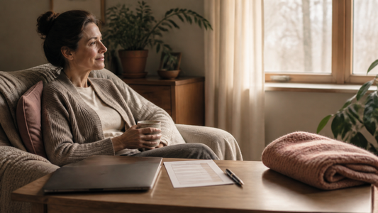 Tired woman resting with tea beside a closed laptop and a simple six-day burnout recovery routine in warm morning light.