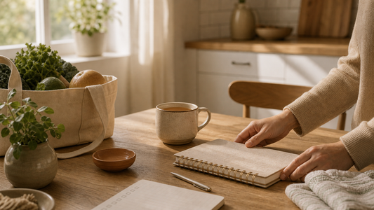 Warm kitchen table with planner, tea, groceries, and hands resting beside a notebook for a blog about burnout recovery with responsibilities.
