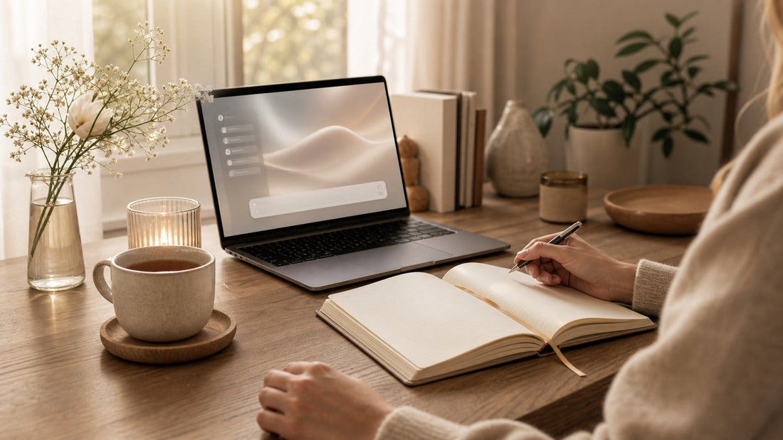 Calm AI-guided journaling scene with laptop, open journal, tea, and soft morning light.