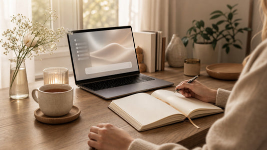 Calm AI-guided journaling scene with laptop, open journal, tea, and soft morning light.