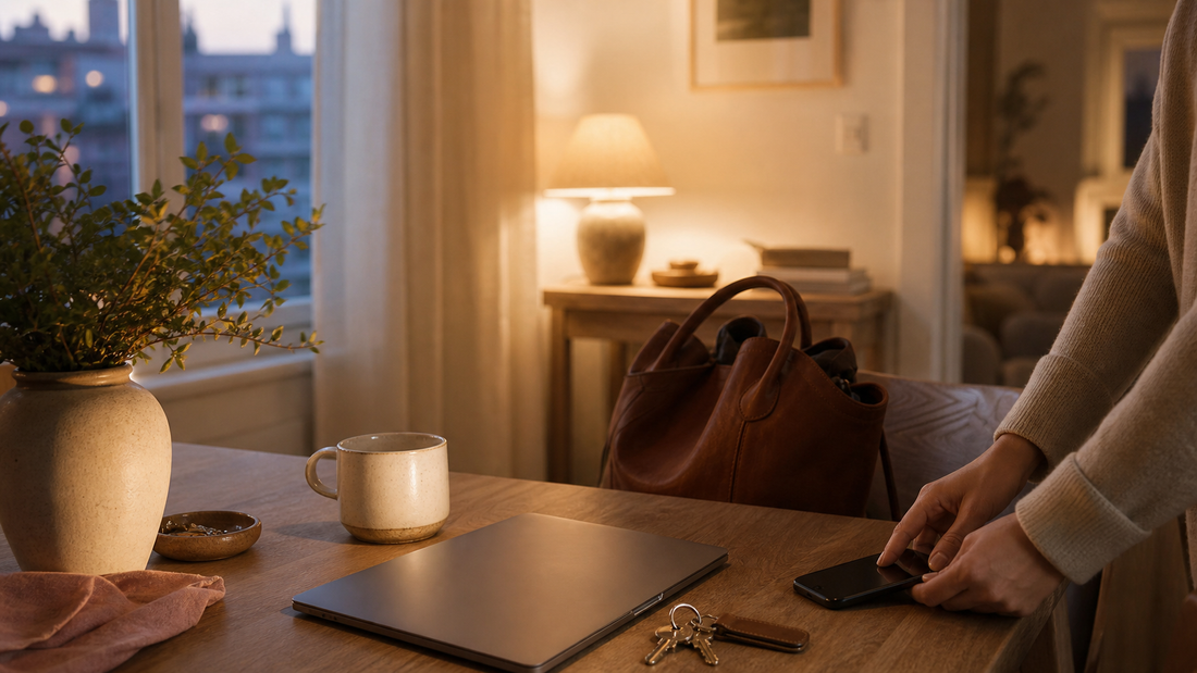 Closed laptop, work bag, keys, and a phone placed face down in a warm evening home scene for a blog about switching off after work.