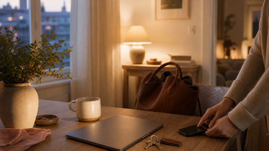 Closed laptop, work bag, keys, and a phone placed face down in a warm evening home scene for a blog about switching off after work.