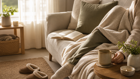 Quiet sofa with blanket, tea, open book, and warm morning light for an article about why relaxing feels hard even when you have time.