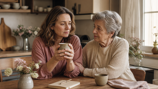 Tired adult daughter and her older mother sharing a quiet moment with warm mugs at a kitchen table during caregiver burnout recovery.