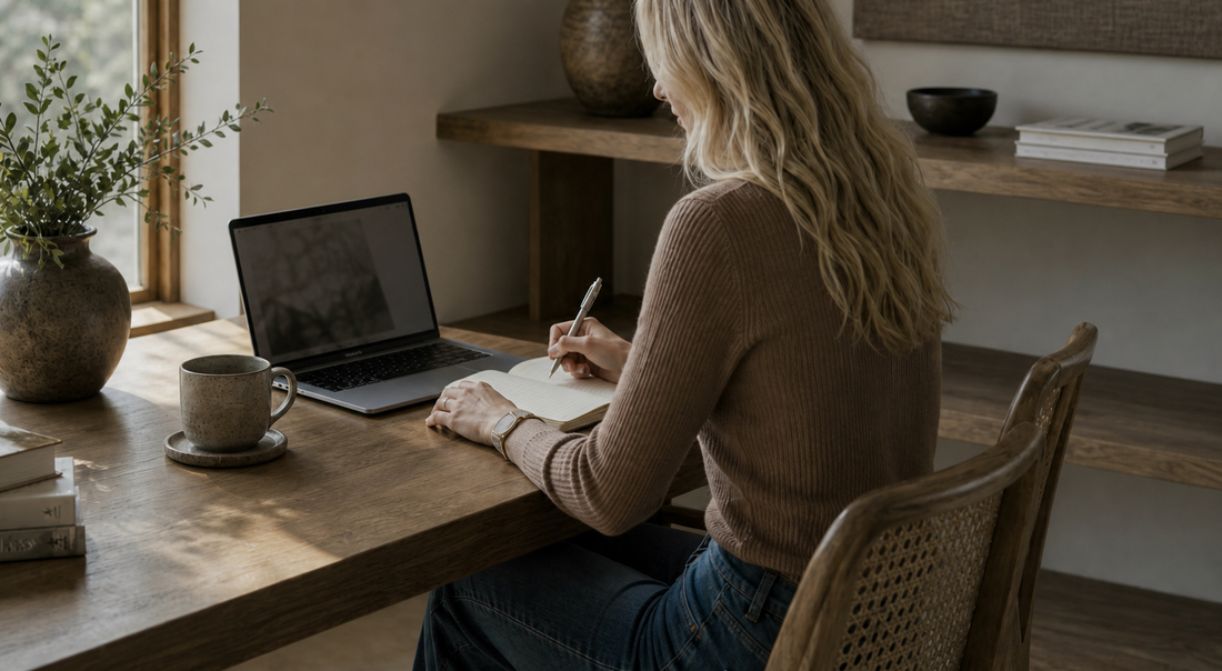 Woman journaling beside a laptop in a calm workspace, representing people pleasing recovery and gentle self-reflection.
