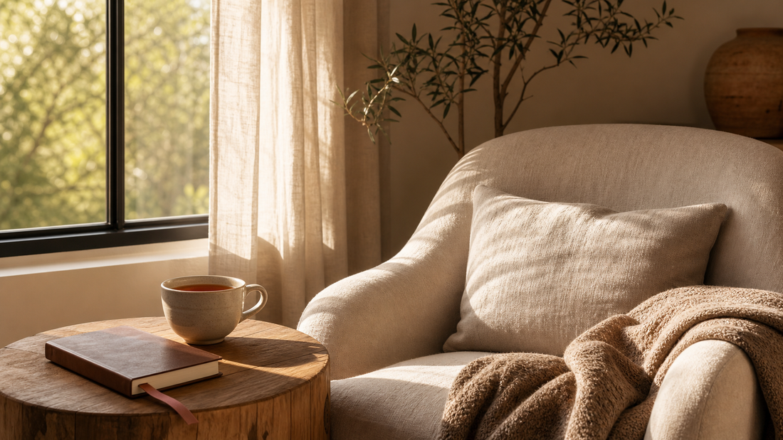 Warm late-afternoon interior with a linen chair by a tall window, a ceramic tea cup, and a closed journal, representing emotional exhaustion, burnout, and gentler recovery.