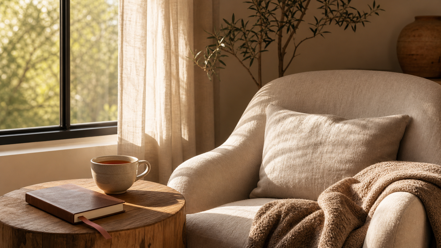 Warm late-afternoon interior with a linen chair by a tall window, a ceramic tea cup, and a closed journal, representing emotional exhaustion, burnout, and gentler recovery.