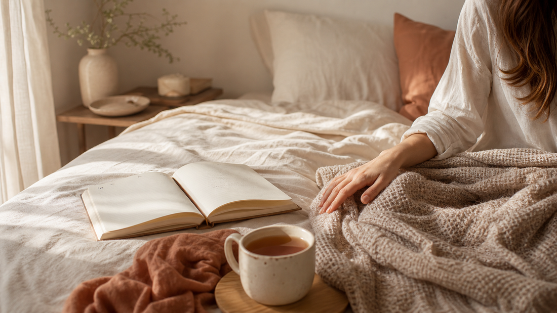 Soft bed, journal, and tea scene for emotional overwhelm article by Talk2Tessa