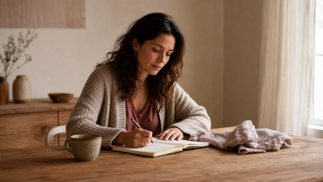 Woman writing in an open journal at a warm wooden table beside tea and soft linen in natural window light.