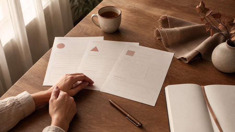 Cream worksheet pages, an open journal, tea, linen, and a woman's hands on a warm wooden table in soft window light.