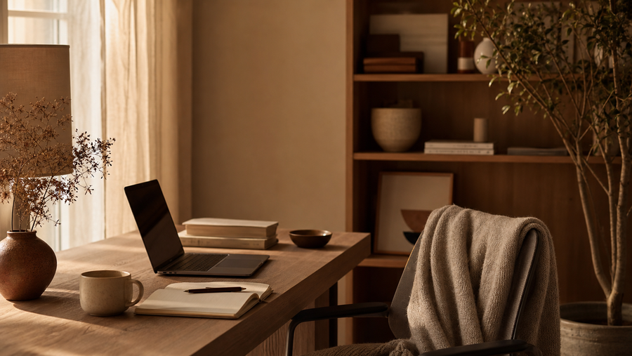Warm, calm workspace with a notebook, tea, and a blanket on a chair in soft sunlight, representing emotional drain and gentle recovery.