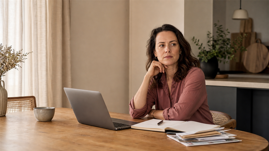 A capable woman with ADHD sitting at a table with an open laptop and notebook while struggling to begin an ordinary task.