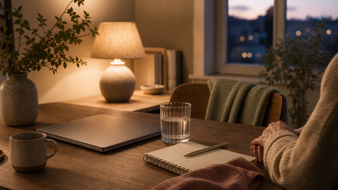 Warm evening desk scene with closed laptop, notebook, water, and soft lamp light for an article about feeling exhausted but still functioning.