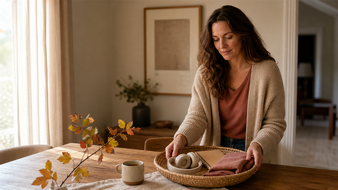 A woman gently resets a warm autumn table with a notebook, headphones, ceramic mug, and a small branch of fall leaves.