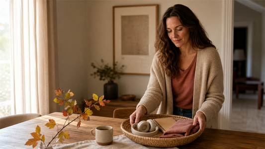 A woman gently resets a warm autumn table with a notebook, headphones, ceramic mug, and a small branch of fall leaves.