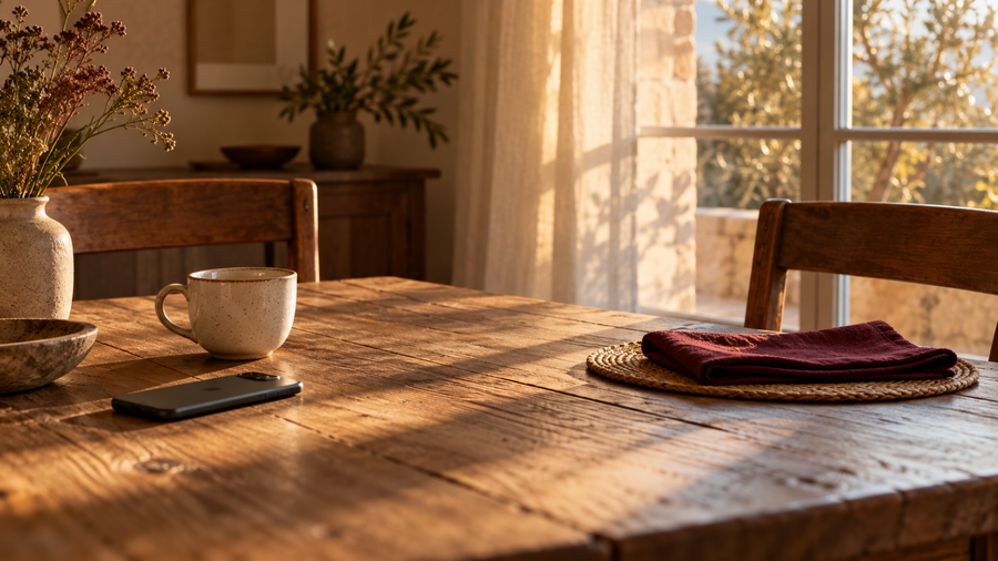 A face-down phone and tea on a warm oak table, with a second chair and folded burgundy linen in soft window light.