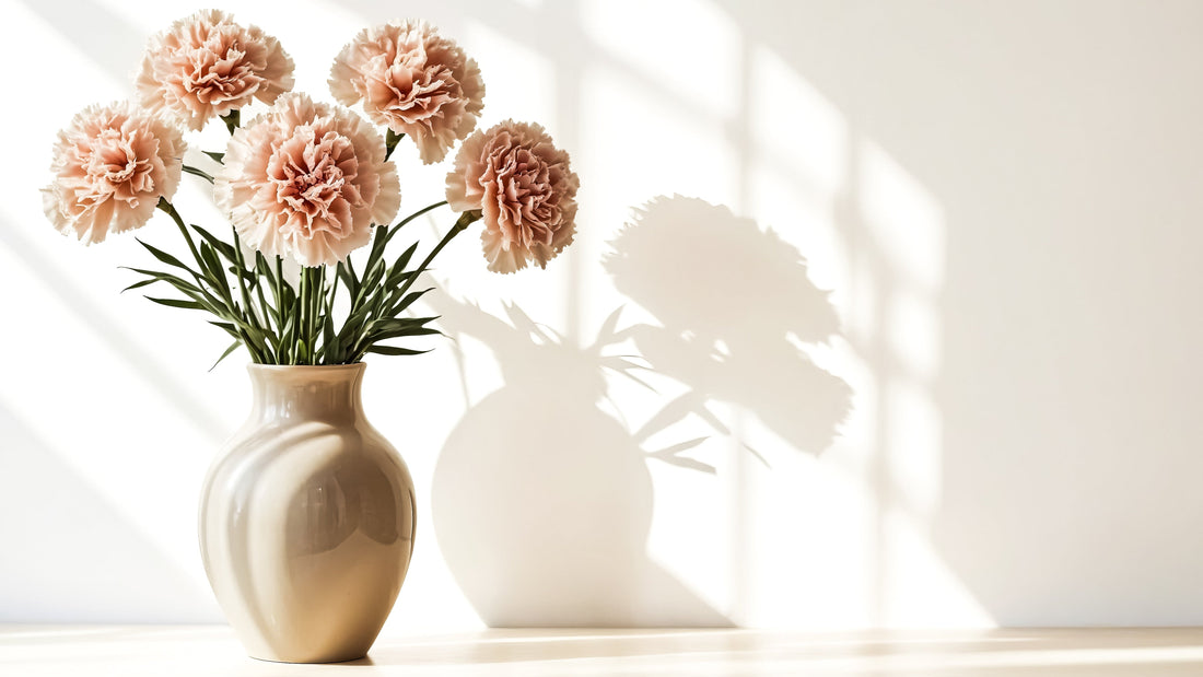 A minimalist blush-toned vase with soft flowers, symbolizing ACT defusion, self-compassion, and gentle growth — reflecting the transformation from inner critic to inner coach in the Talk2Tessa AI self-help guide.