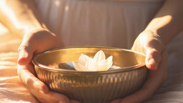 A pair of gently cupped hands holding a warm golden bowl with a soft white flower inside, symbolizing emotional healing, calm, and self-compassion.