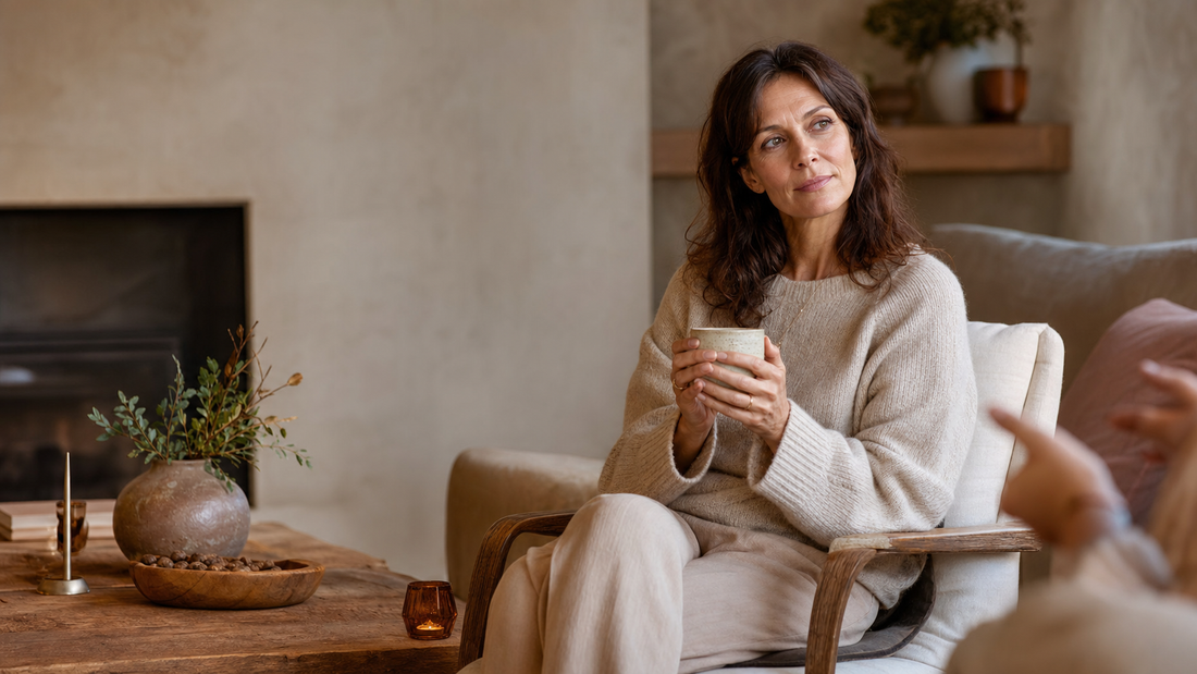 A composed woman holding a cup while attentively monitoring a quiet social moment in a warm living room.