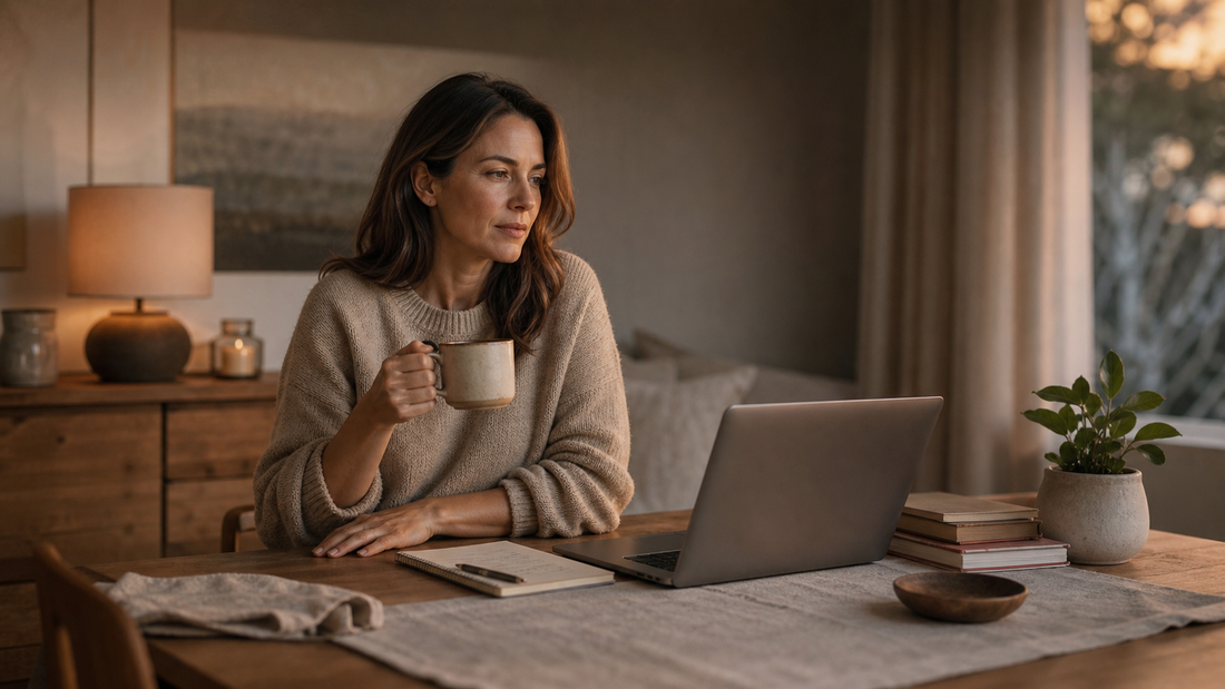 Capable woman sitting at a dining table after a long day with a laptop, notebook, and warm drink.