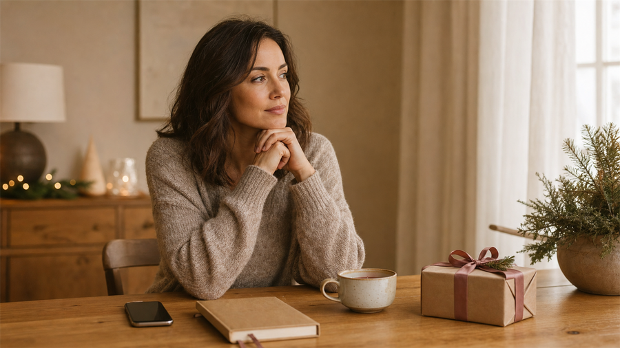 A thoughtful woman seated at a warm wooden table with her phone face down, a closed notebook, tea, and one simple wrapped gift.