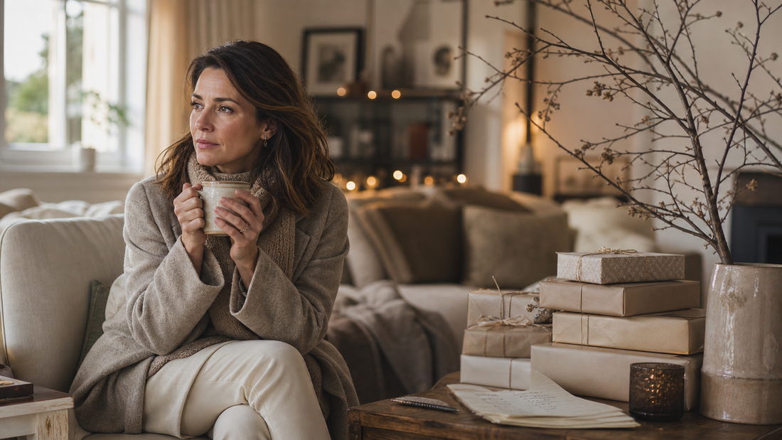 A thoughtful woman holding a mug in a warm neutral living room beside a handwritten holiday list and softly wrapped gifts.