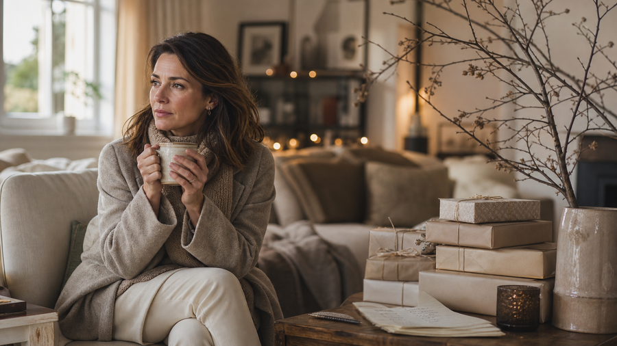 A thoughtful woman holding a mug in a warm neutral living room beside a handwritten holiday list and softly wrapped gifts.