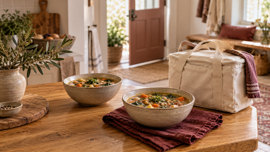 Two stoneware bowls of soup, a cream meal carrier, and burgundy linen on a warm oak kitchen counter near a softly lit entryway.