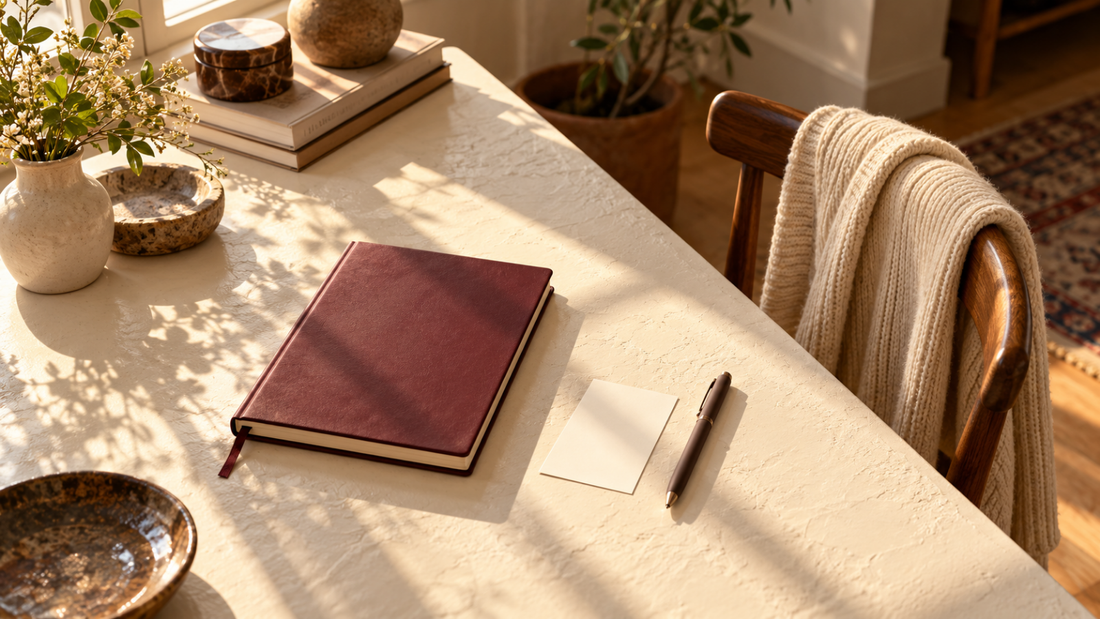 A closed blank burgundy planner, blank appointment card, and cocoa pen on a warm stone desk beside a chair with a cream cardigan.